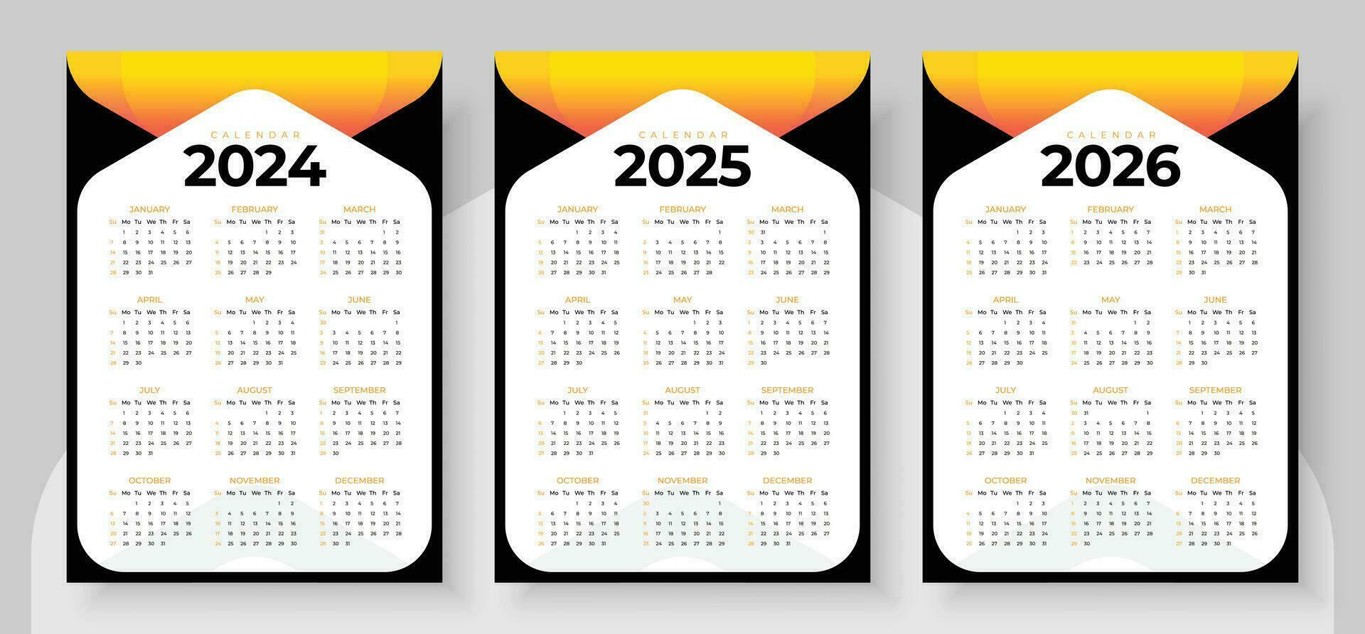 2024, 2025 e 2026 calendário definir, semana começar Domingo, simples vertical calendário Projeto modelo. parede calendário dentro uma minimalista estilo. corporativo Projeto planejador modelo vetor