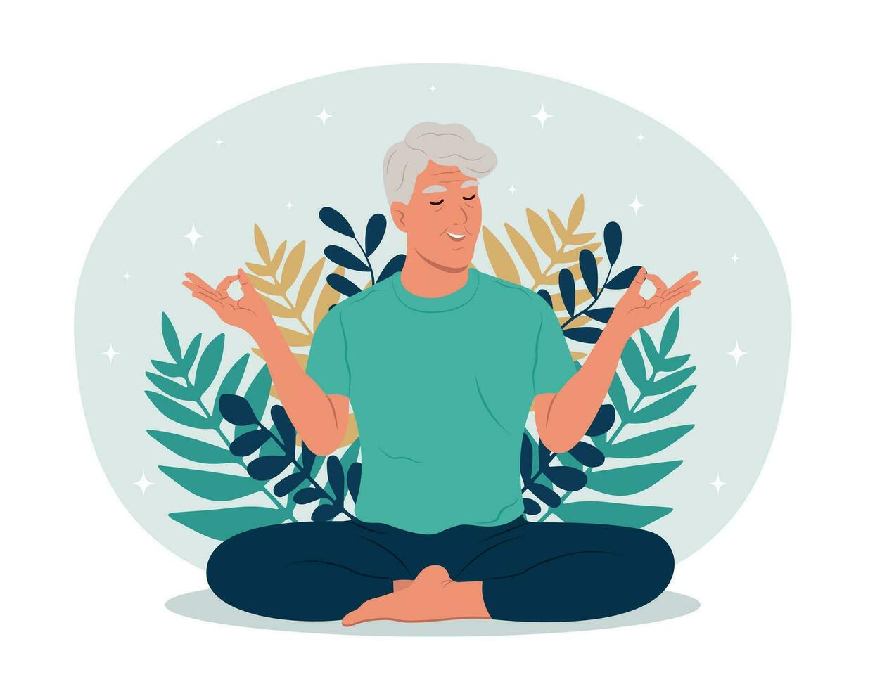 saudável envelhecimento mês. idosos homem com fechadas olhos meditando dentro ioga lótus postura. vetor