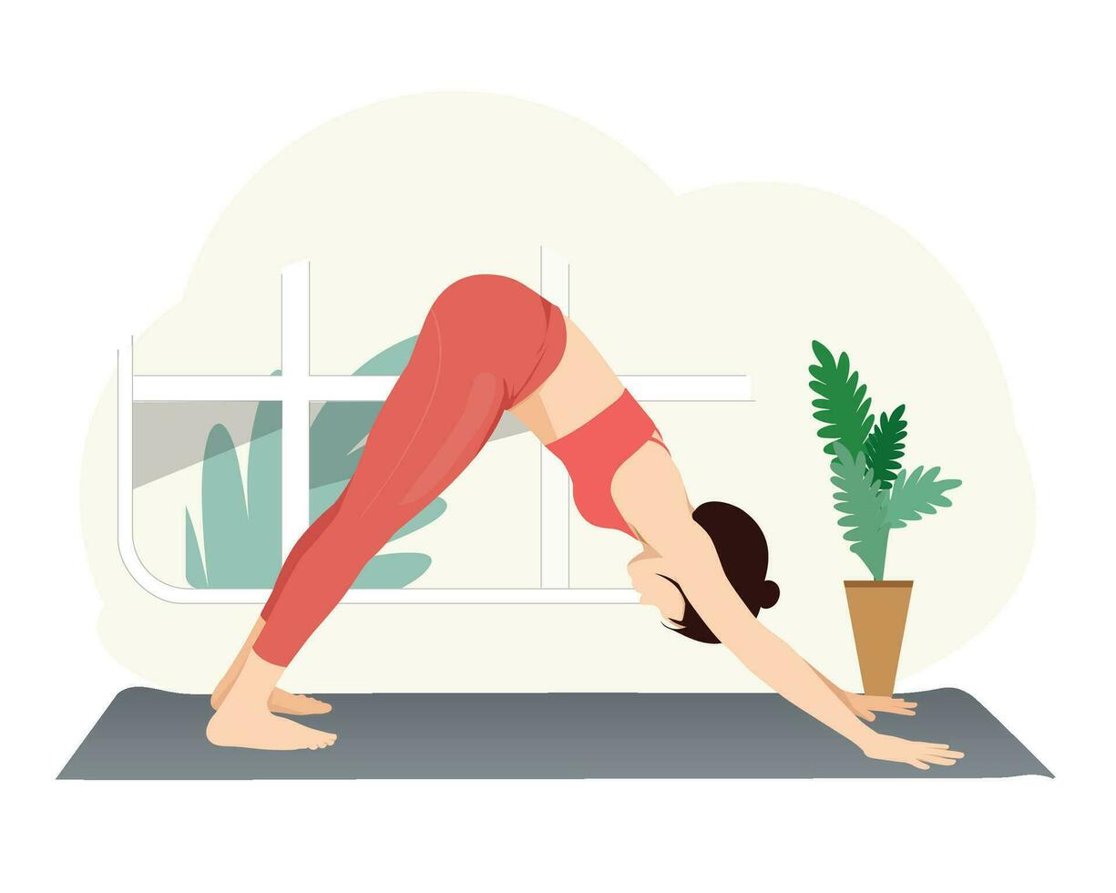 para baixo voltado para cachorro pose, mulher praticando adho mukha svanasana ioga. vetor