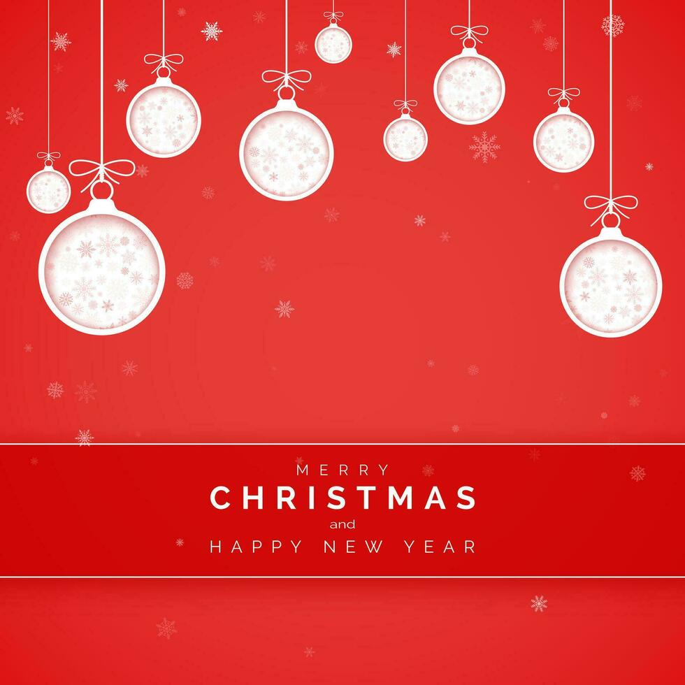 estilizado Novo ano cumprimento cartão cobrir. cortar papel Natal bolas dentro vermelho fundo com floco de neve dentro. feriado decoração elemento. vetor