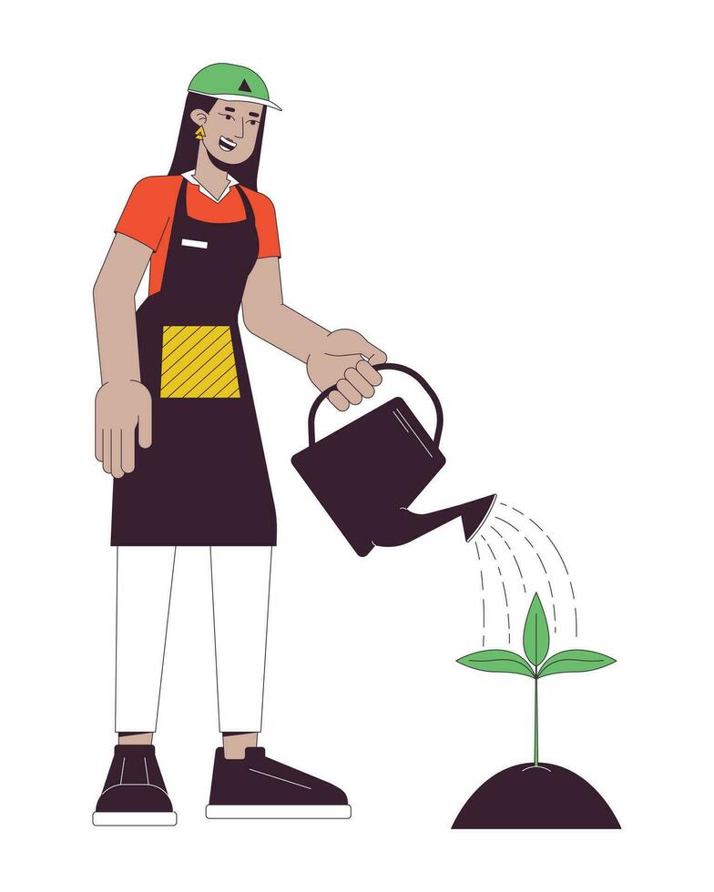 feliz jardineiro rega plantar plano linha cor vetor personagem. indiano mulher segurando rega pode. editável esboço cheio corpo pessoa em branco. simples desenho animado local ilustração para rede gráfico Projeto