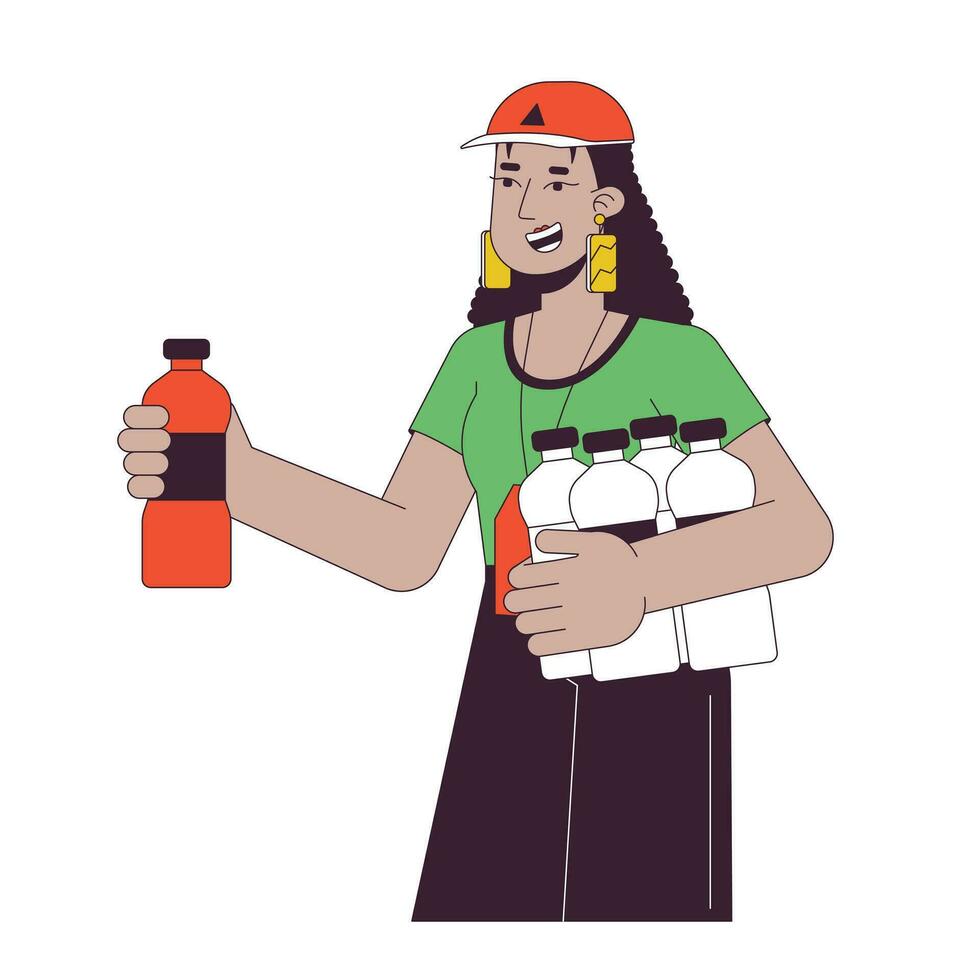 voluntário dando água plano linha cor vetor personagem. mulher dentro boné. doação. voluntariado. editável esboço cheio corpo pessoa em branco. simples desenho animado local ilustração para rede gráfico Projeto