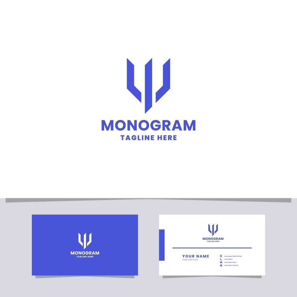 Logotipo da letra w do tridente azul simples e minimalista em fundo branco com modelo de cartão de visita vetor