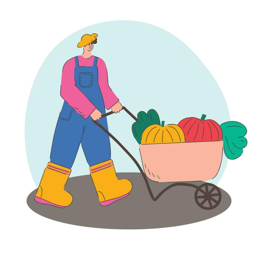 a homem é colheita. carrinho com abóboras. agrícola outono trabalhar. plano ilustração vetor