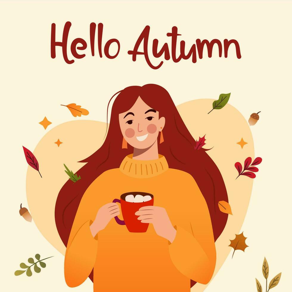 uma jovem menina dentro uma suéter detém uma copo com uma café dentro dela mãos. cartas e outono folhas dentro a fundo vetor