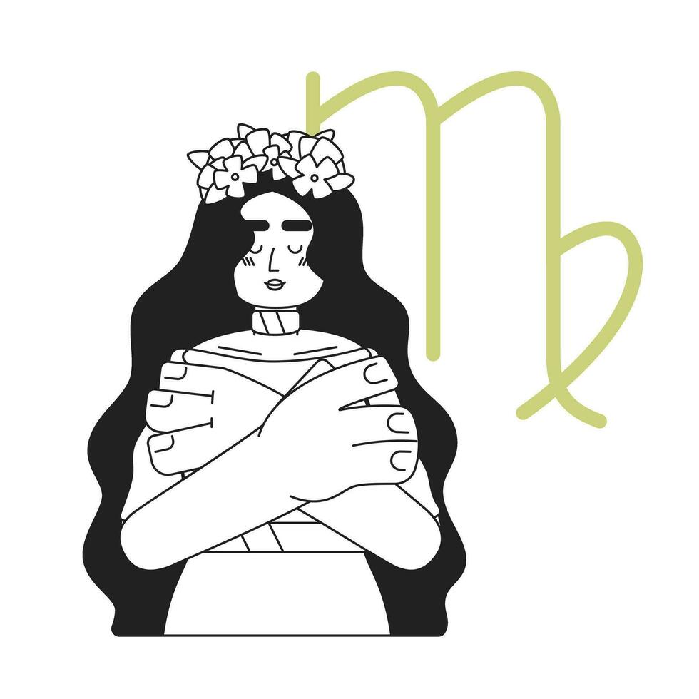 Virgem zodíaco placa monocromático conceito vetor local ilustração. mulher dentro guirlanda abraçando ombros 2d plano bw desenho animado personagem para rede ui Projeto. astrologia isolado editável mão desenhado herói imagem