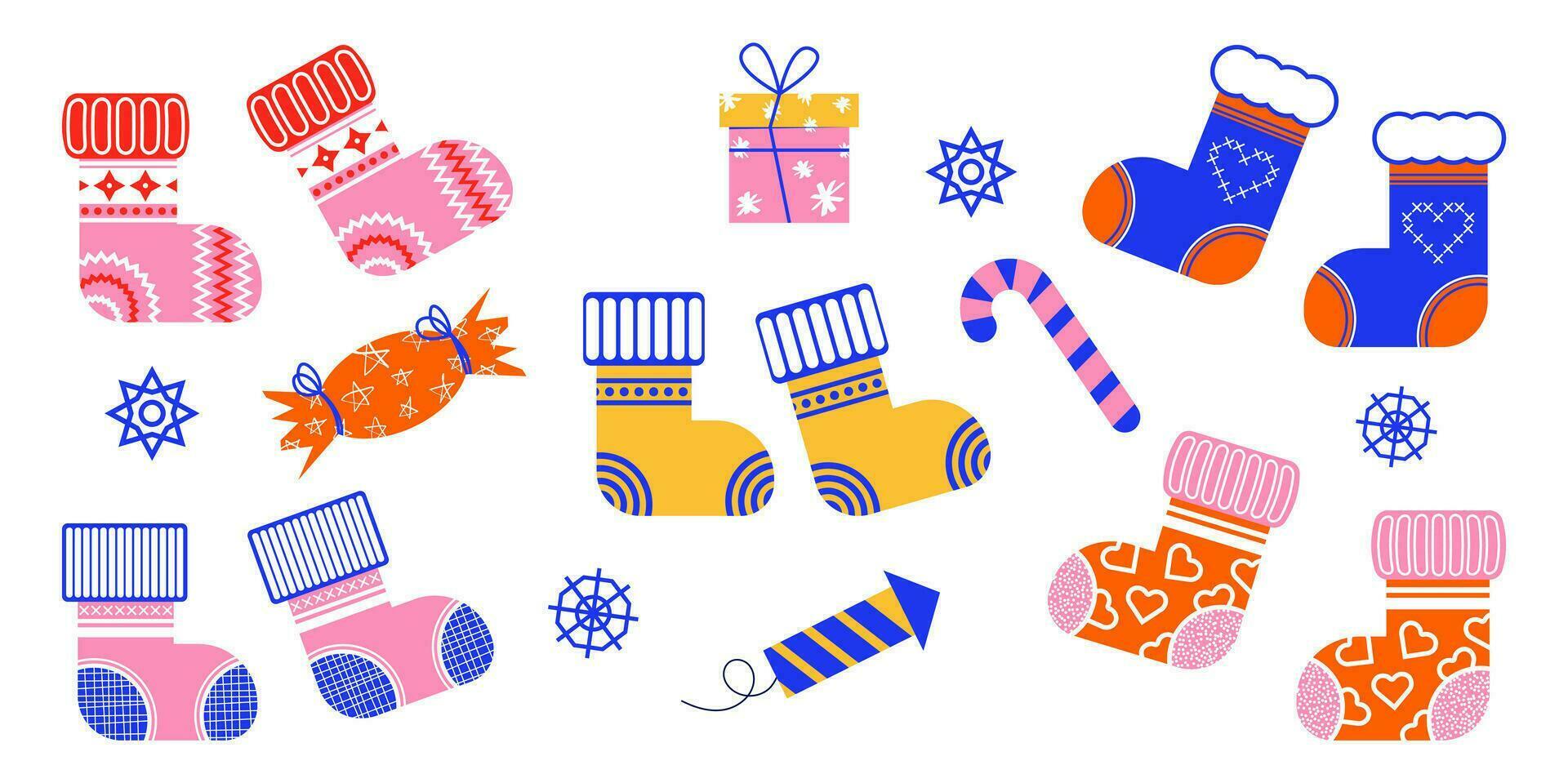 uma conjunto do inverno meias com uma padronizar. inverno acessórios dentro plano estilo. vetor ilustração do Novo ano elementos.