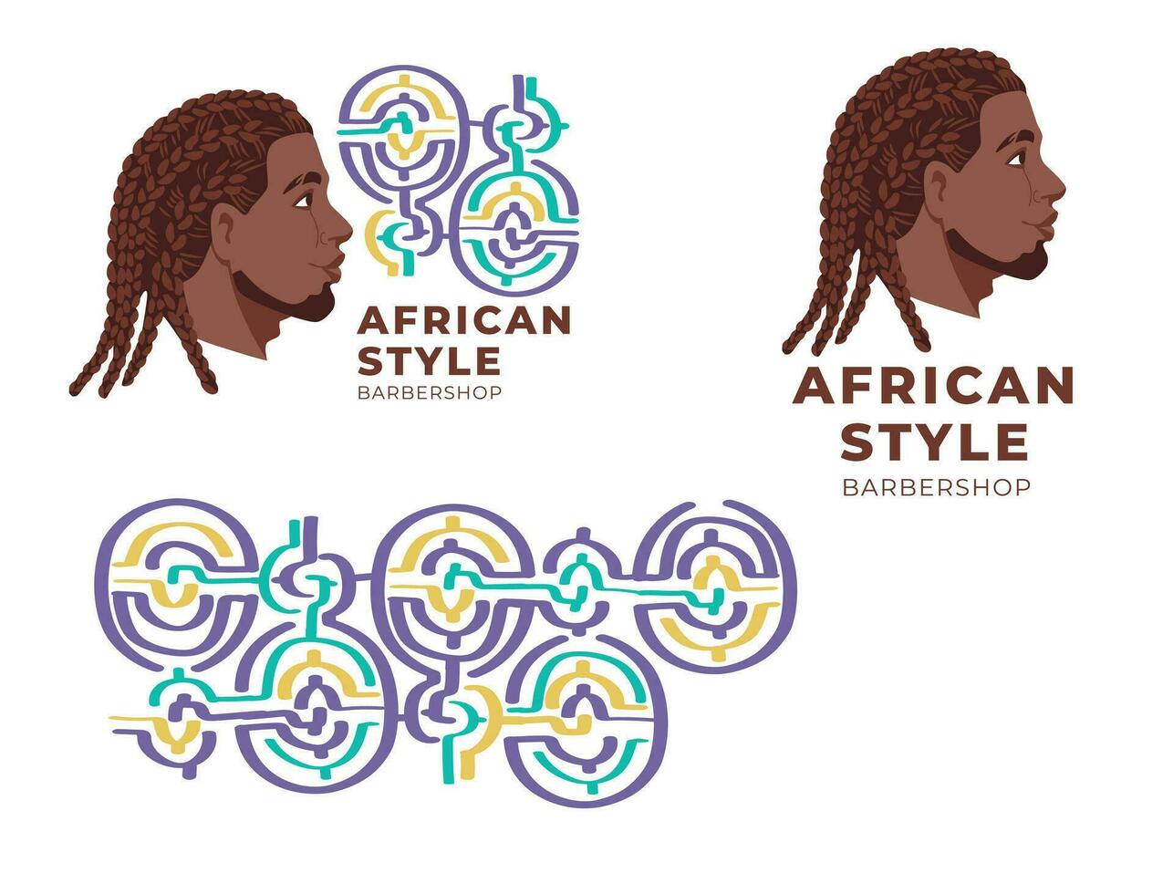 beleza salão logotipo e identidade. plano vetor ilustração do homens face. tradicional encaracolado penteados do africano americano homens.