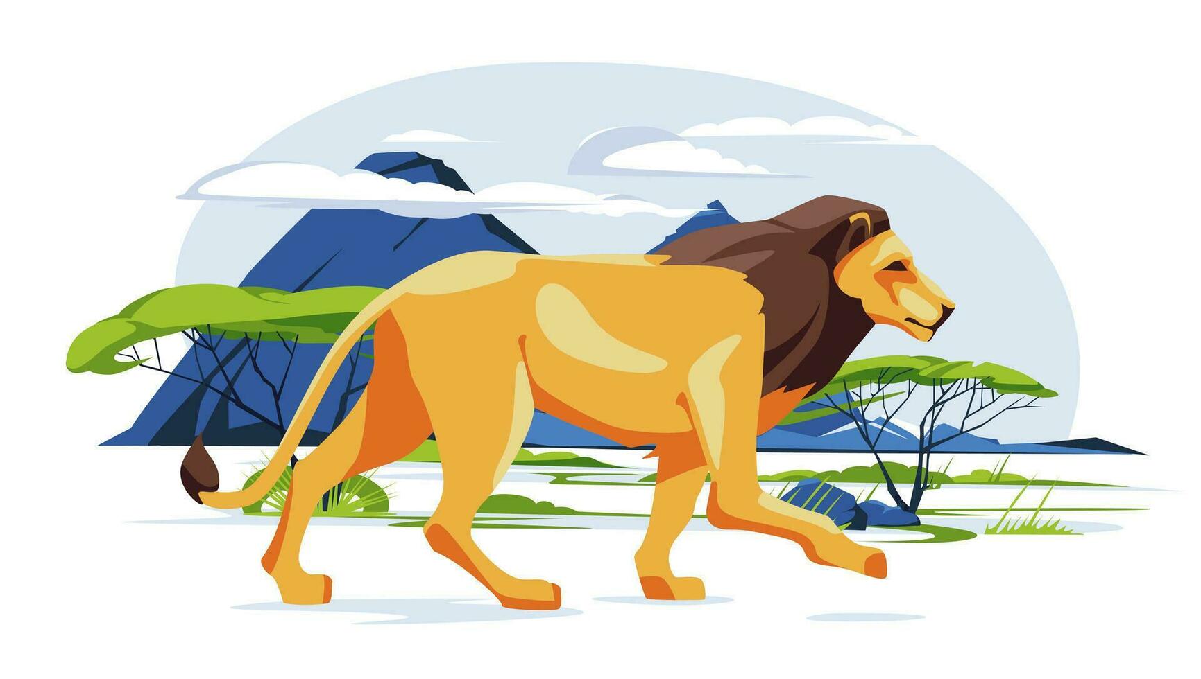 solitário africano leão caminhando através a savana panorama. uma selvagem animal do África. vetor plano ilustração