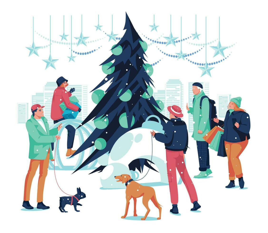 inverno feriados. plano vetor ilustração do pessoas compras, caminhando com cachorro e comunicação perto Natal cidade árvore dentro a Novo ano e Natal