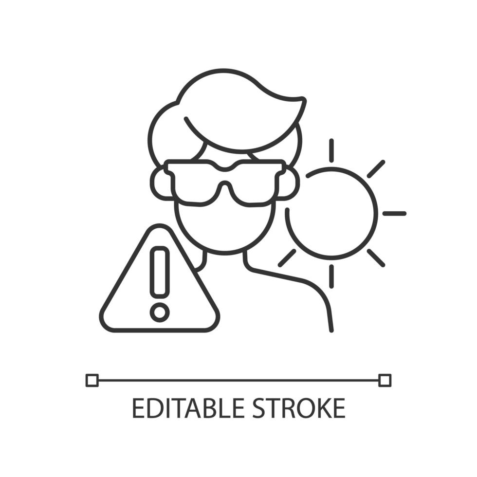 superexposição ao ícone linear do sol. pessoa de óculos escuros na praia, arriscando uma insolação. ilustração personalizável de linha fina. símbolo de contorno. desenho de contorno isolado do vetor. curso editável vetor