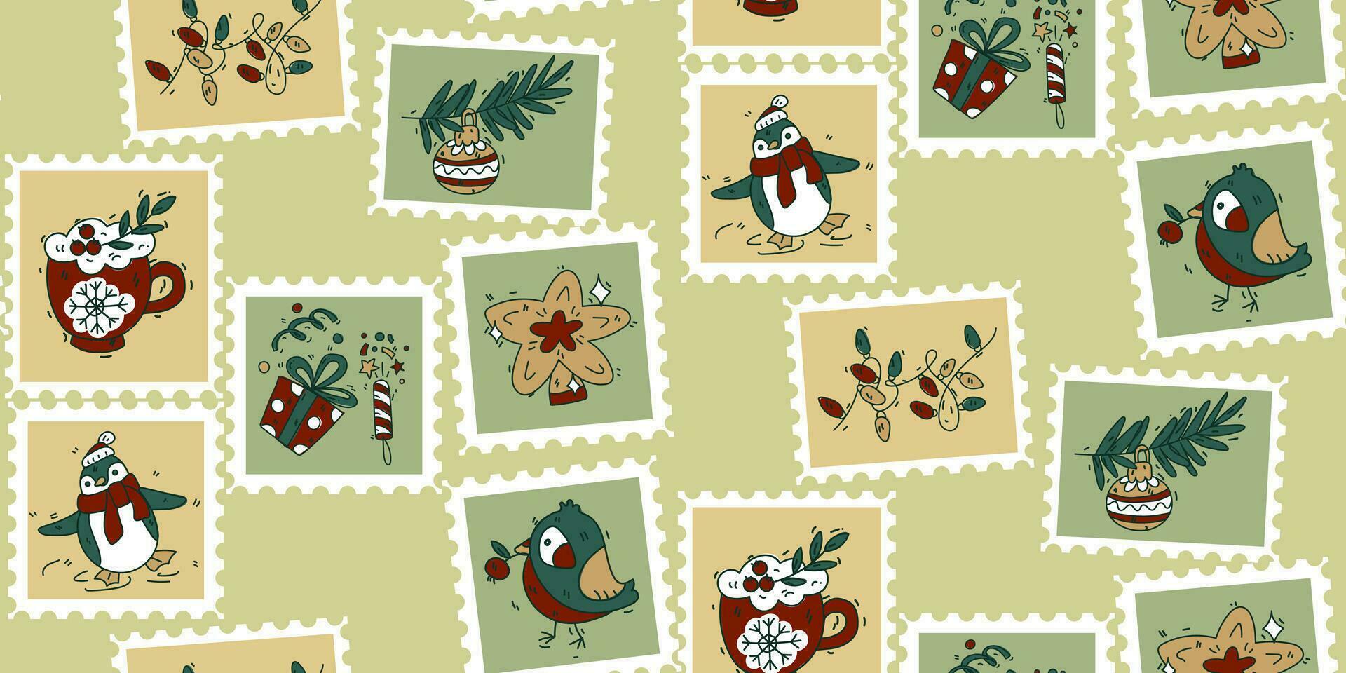 uma padronizar do fofa desenhado à mão postagem selos com Natal e Novo ano parafernália, festão, cacau, pinguim, estrela. elegante vetor ilustrações dentro desenho animado retro estilo com uma brilhante esboço