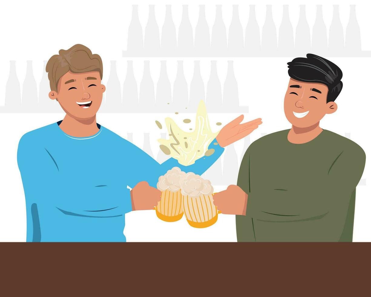 dois jovem feliz homens encontro acima depois de trabalhos e beber Cerveja dentro a bar. pessoas estilo de vida, amizade, colegas conceito vetor