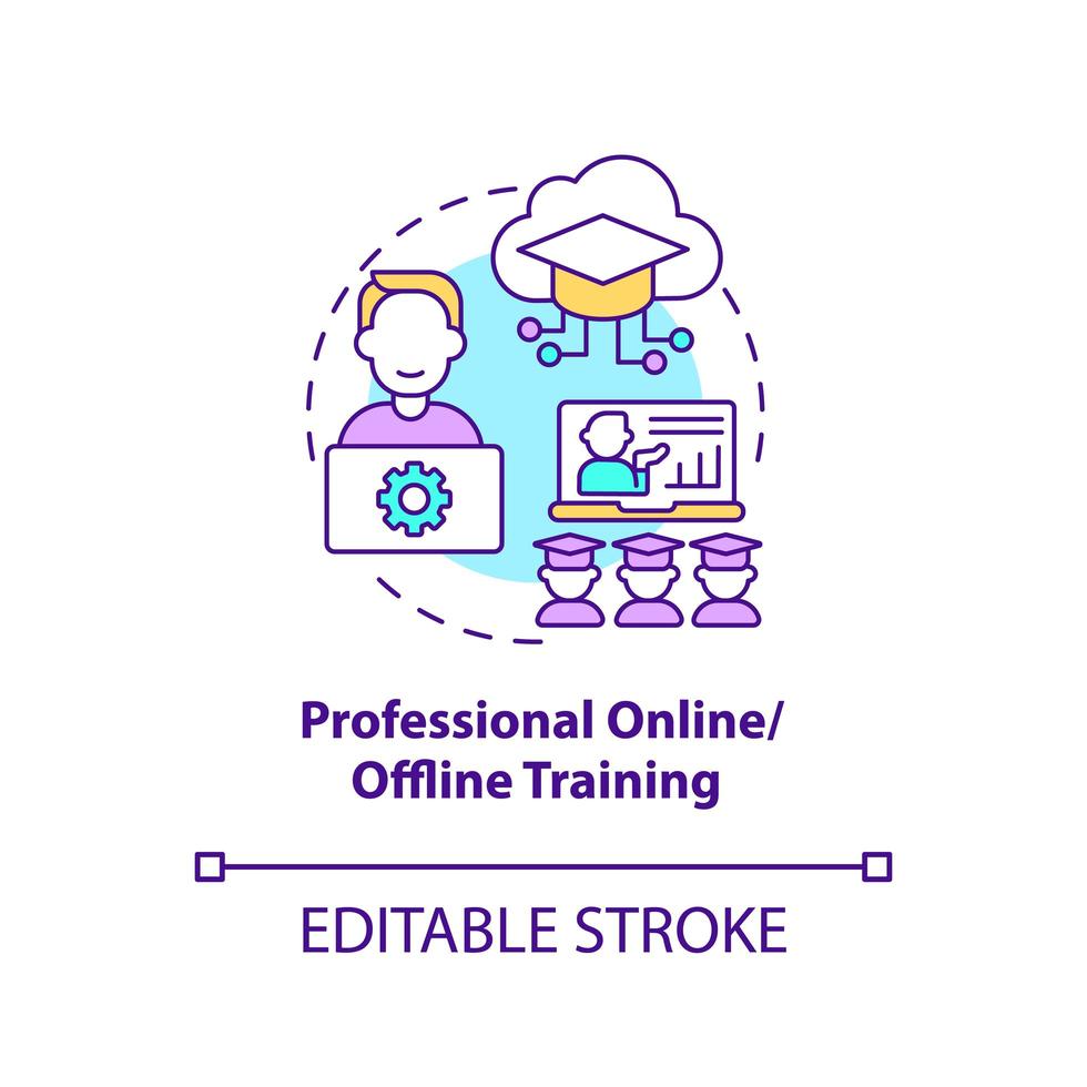 ícone de conceito de treinamento profissional online e offline. ilustração de linha fina de ideia abstrata de desenvolvimento de comunidade. experiência de aprendizagem eficaz. desenho de cor de contorno isolado vetor. curso editável vetor