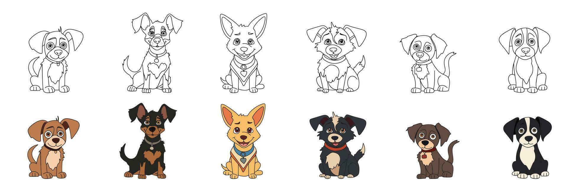 conjunto do fofa cachorro dentro rabisco estilo e colori contorno. mão desenhado pequeno cães. vetor ilustração.