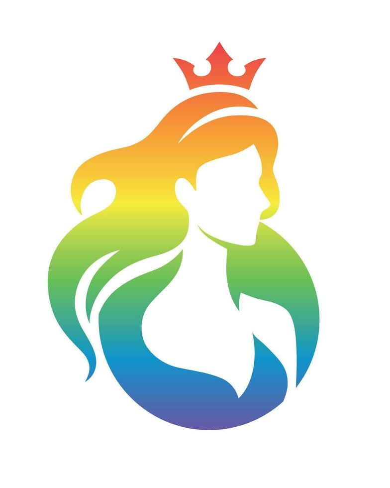 elegante luxo logotipo com lindo face do jovem adulto mulher com grandes cabelo. princesa, entre, coroa. arco-íris, lgbtq. sexy símbolo silhueta do cabeça e texto letras vetor