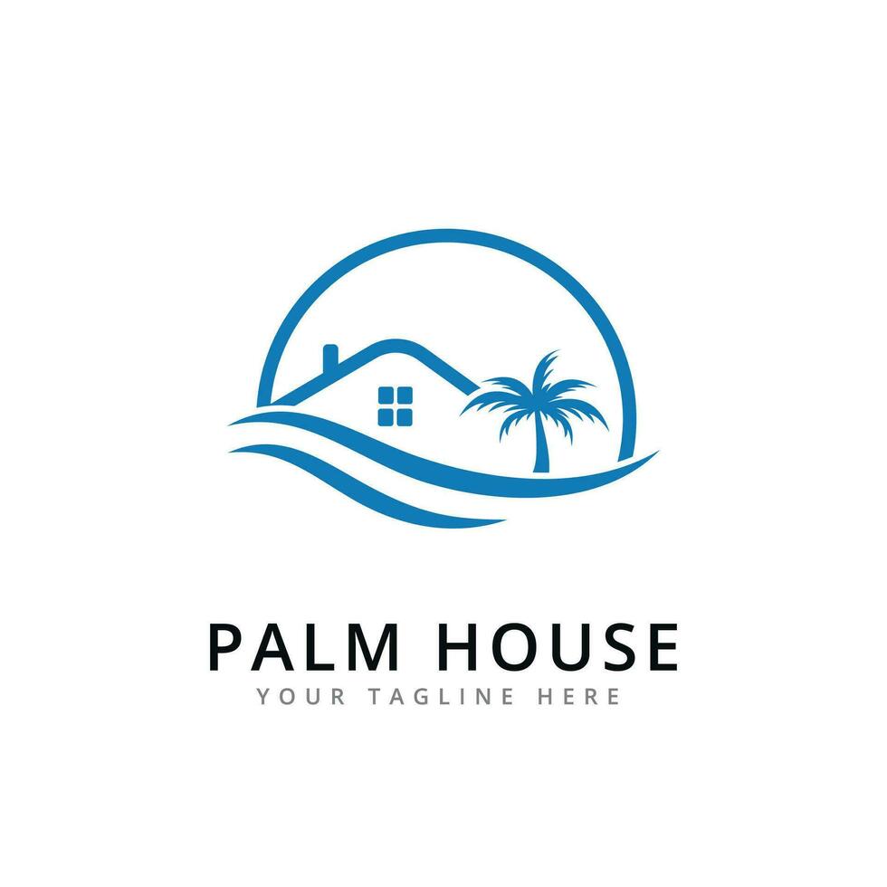 feriado de praia com árvore Palma e casa logotipo Projeto vetor
