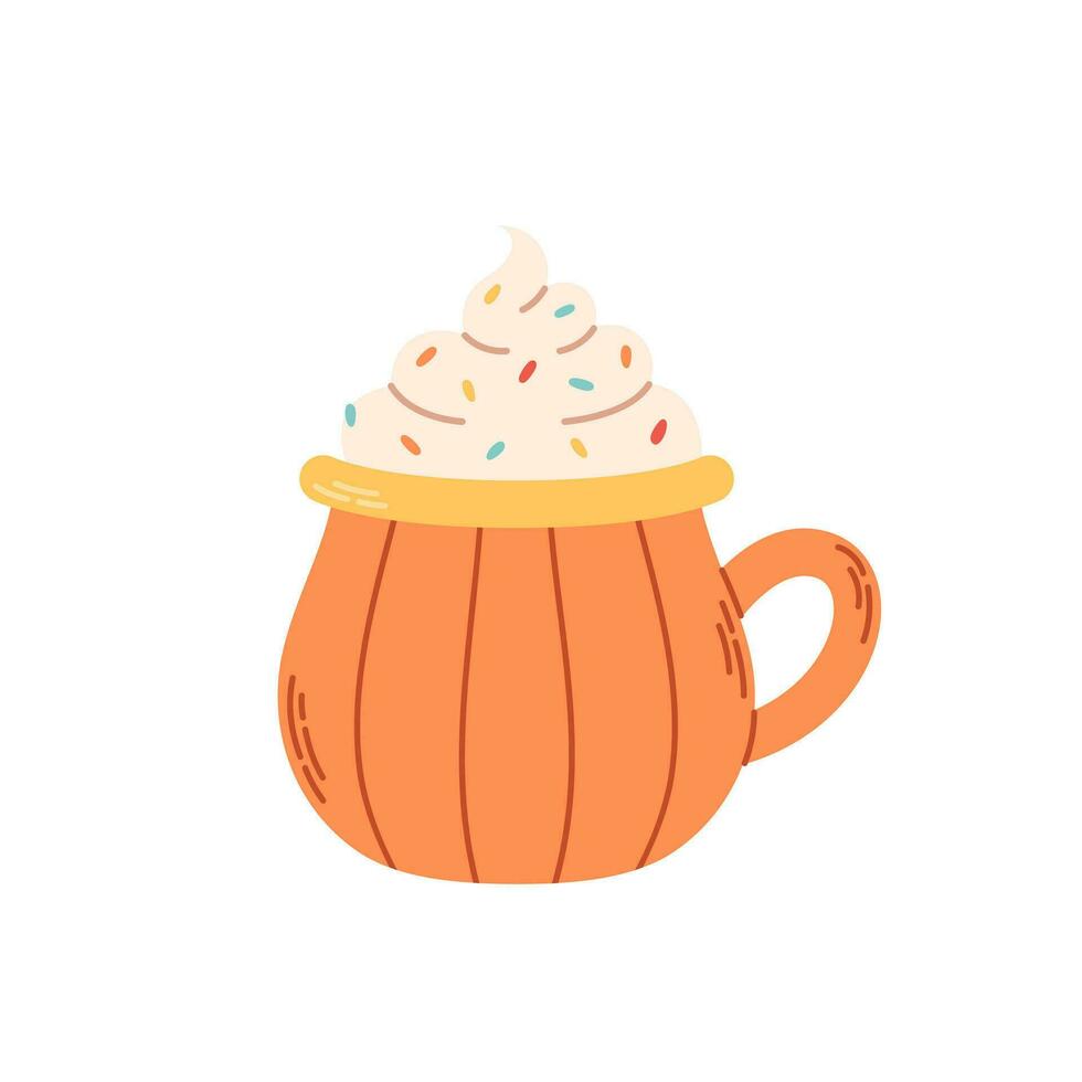 outono quente cremoso beber com abóbora especiaria. outono humor. quente café caneca, quente chocolate. vetor