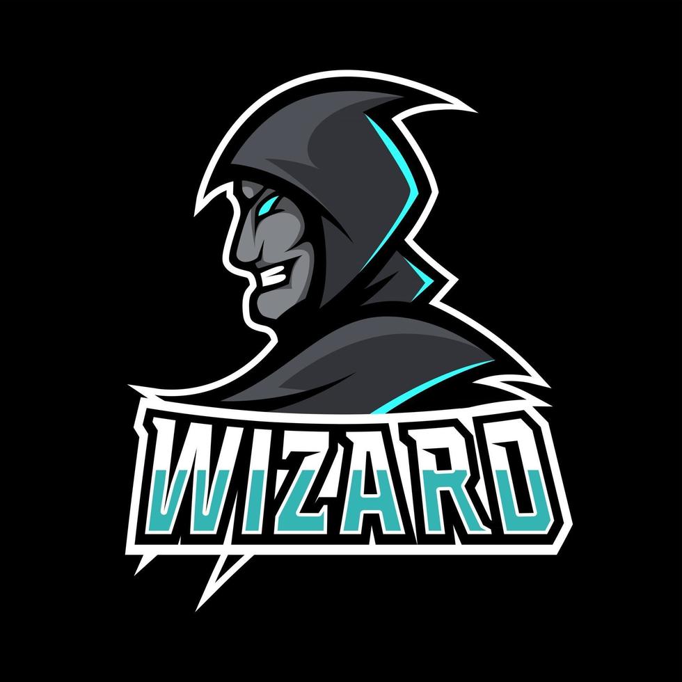 Angry wizard gaming sport logo modelo de logotipo esport uniforme preto com brilho azul vetor