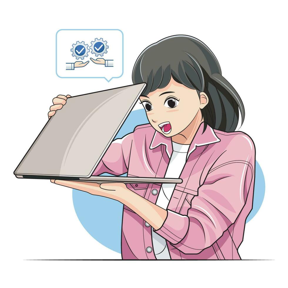 pequeno criança, escola garota. criança menina olhando furtivamente às metade fechadas computador portátil tela vetor ilustração pró baixar