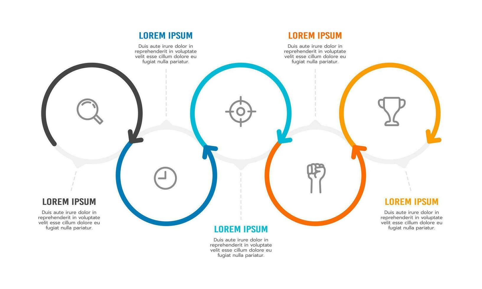 5 processo a fino círculo do Setas; flechas infográfico Projeto modelo. o negócio fluxo de trabalho projeto. vetor ilustração.
