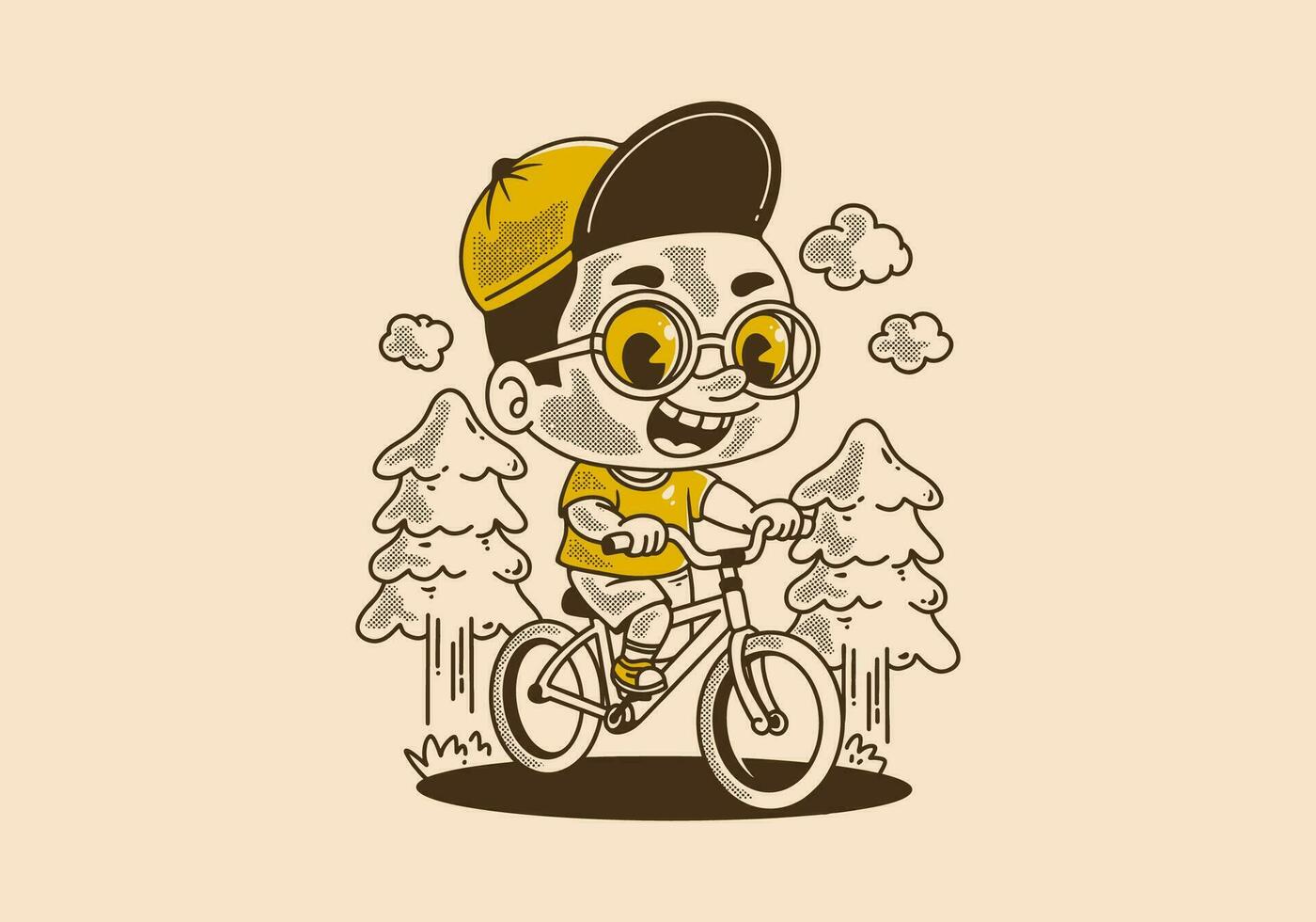 retro ilustração do uma Garoto equitação bicicleta, pinho árvores vetor