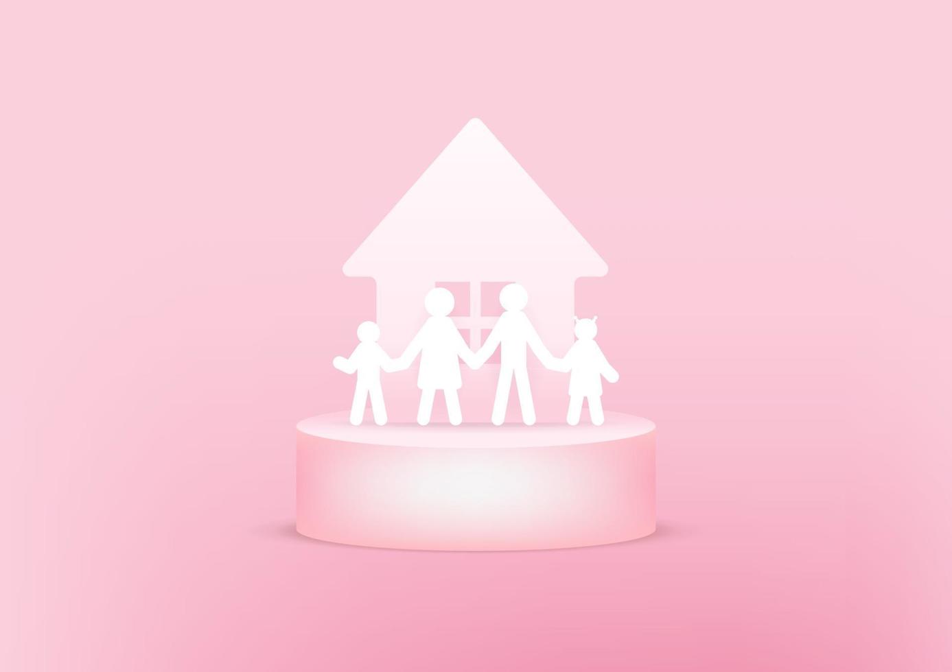 casa e família papel 3d no fundo rosa. conceito de família feliz. vetor