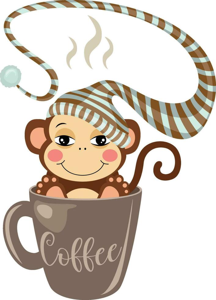 sonolento macaco com chapéu dentro copo do café vetor