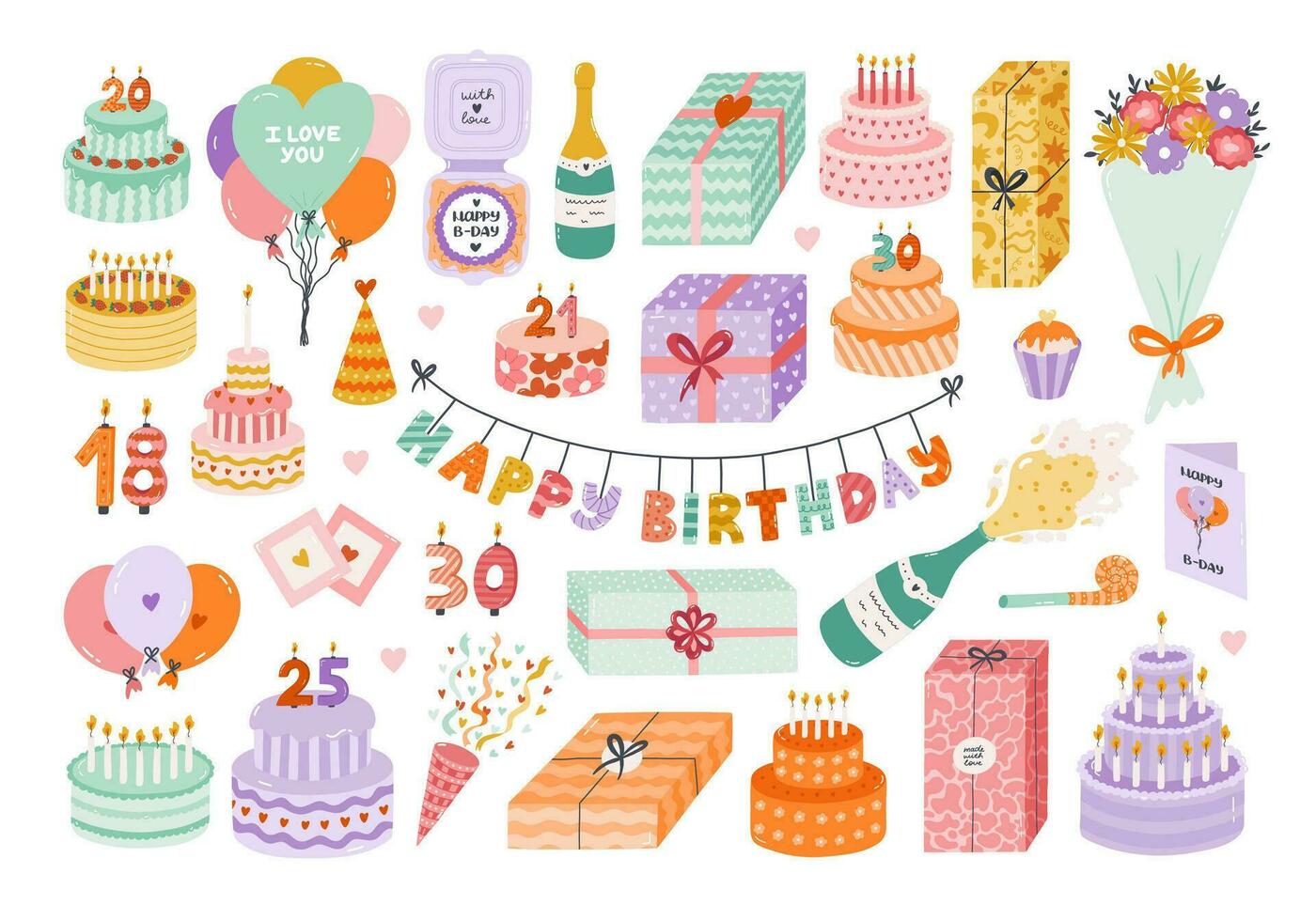 fofa mão desenhado aniversário definir. na moda feriado elementos, festa decoração, bolos de copo, velas, presentes, balões, festa chapéu. feliz aniversário clipart coleção para miúdo. símbolo do celebração, aniversário. vetor