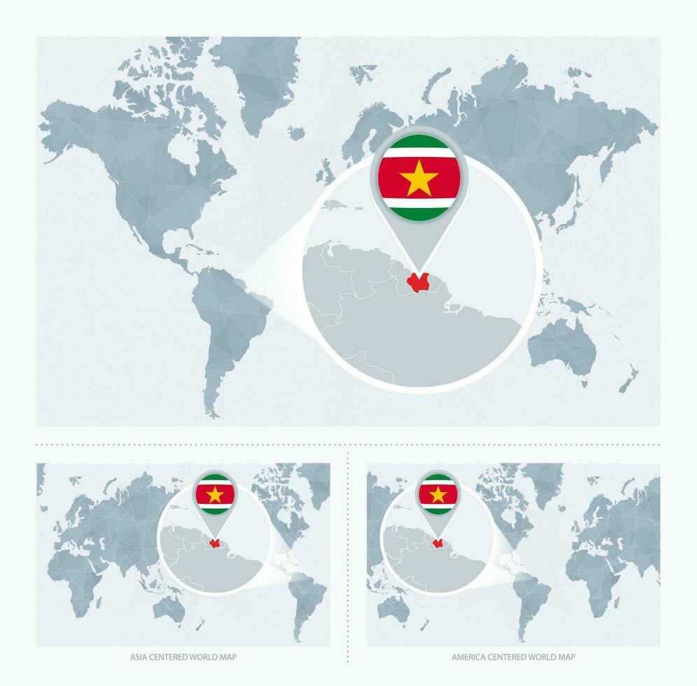 ampliado suriname sobre mapa do a mundo, 3 versões do a mundo mapa com bandeira e mapa do suriname. vetor