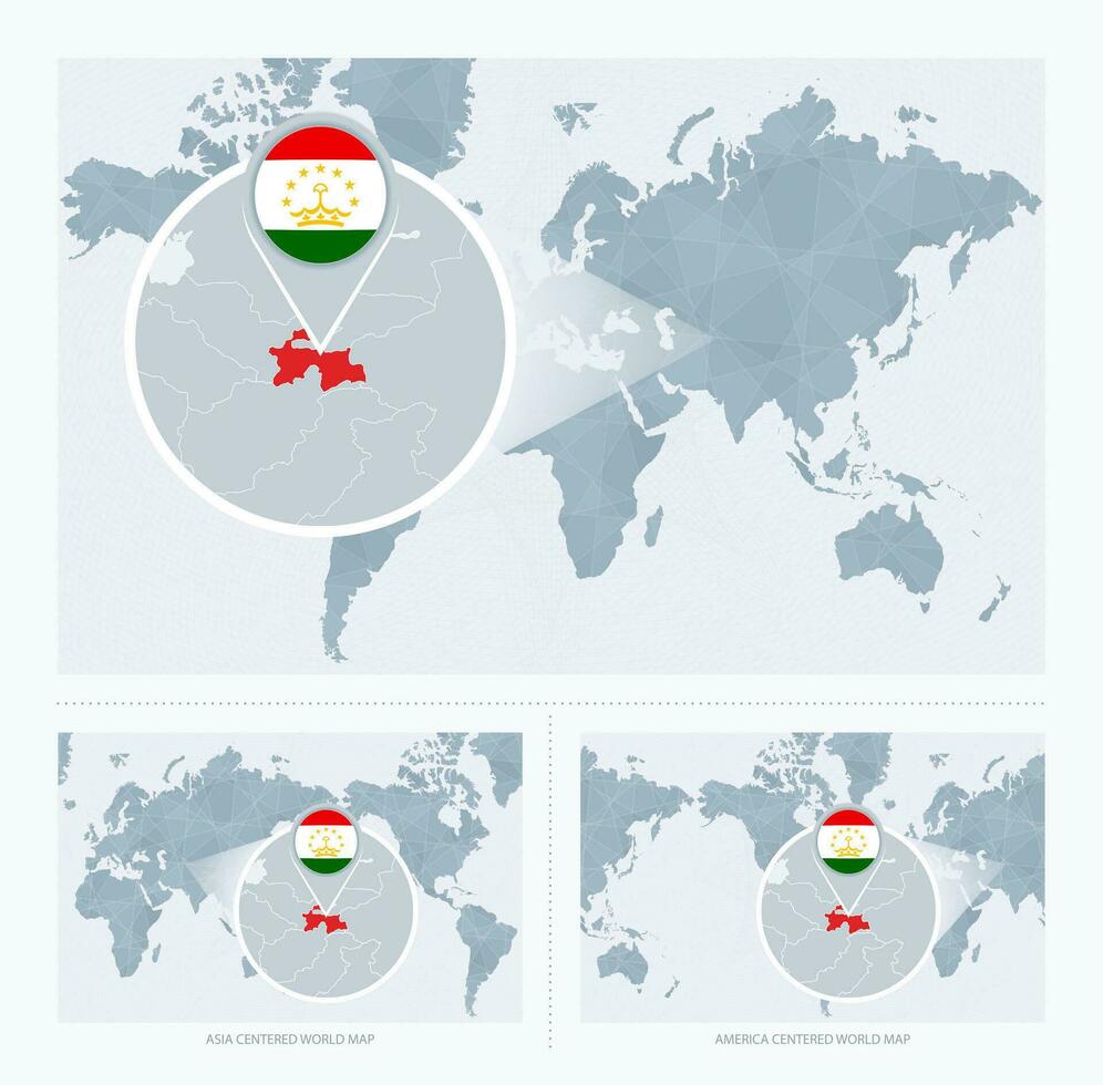 ampliado tajiquistão sobre mapa do a mundo, 3 versões do a mundo mapa com bandeira e mapa do tadjiquistão. vetor