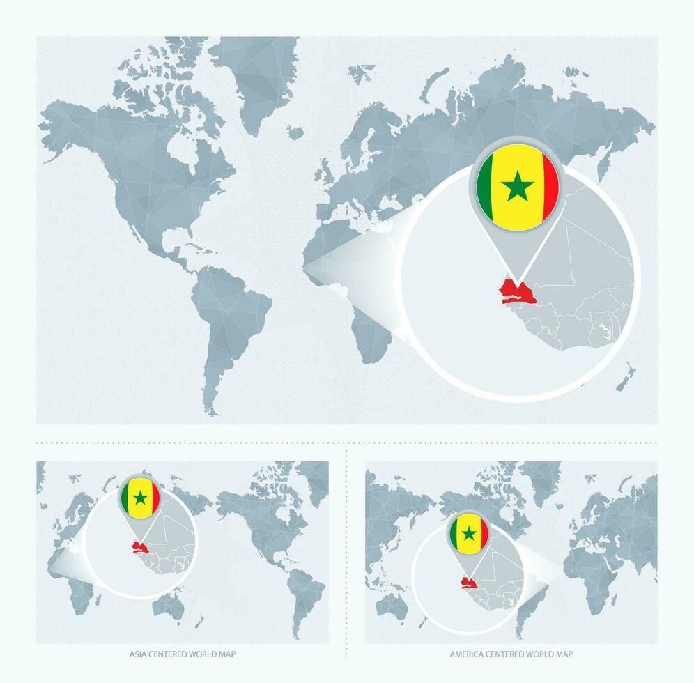 ampliado Senegal sobre mapa do a mundo, 3 versões do a mundo mapa com bandeira e mapa do Senegal. vetor