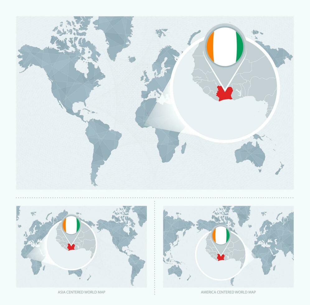 ampliado marfim costa sobre mapa do a mundo, 3 versões do a mundo mapa com bandeira e mapa do marfim costa. vetor