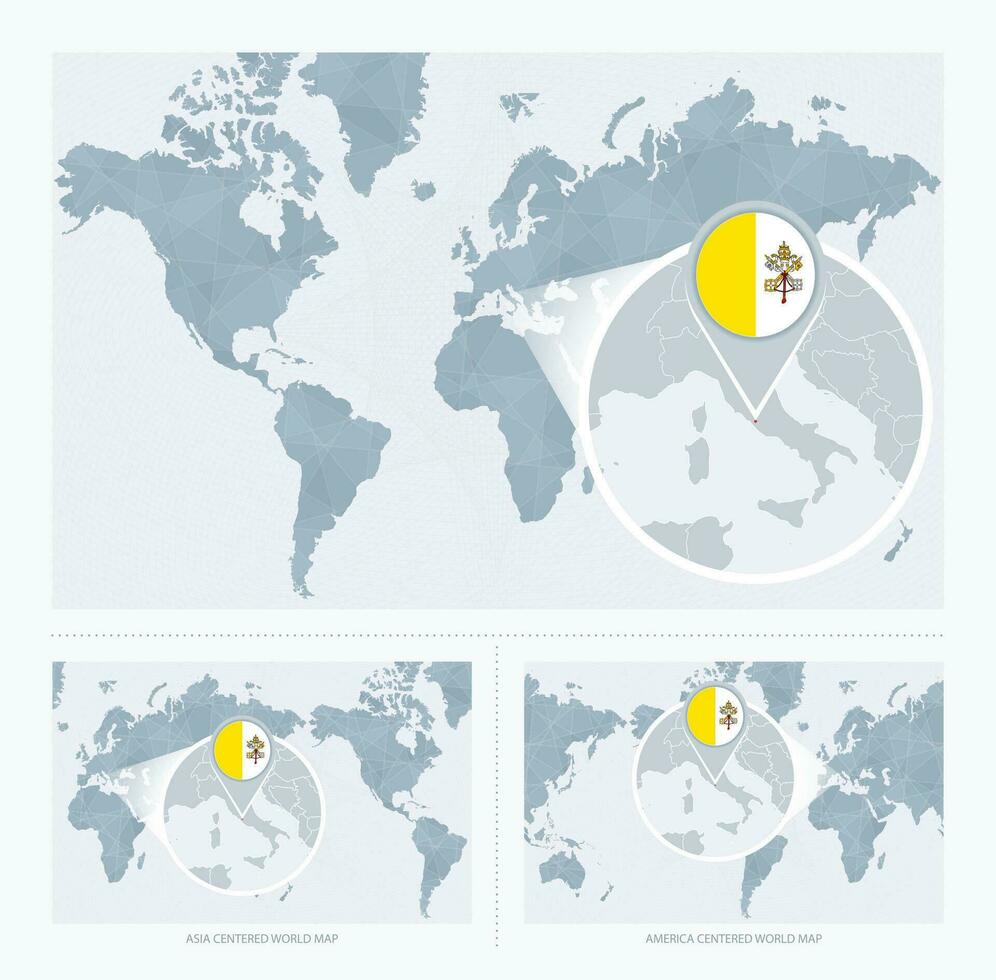 ampliado Vaticano cidade sobre mapa do a mundo, 3 versões do a mundo mapa com bandeira e mapa do Vaticano cidade. vetor