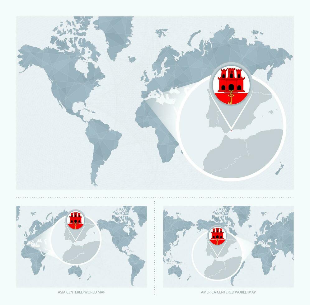 ampliado Gibraltar sobre mapa do a mundo, 3 versões do a mundo mapa com bandeira e mapa do Gibraltar. vetor