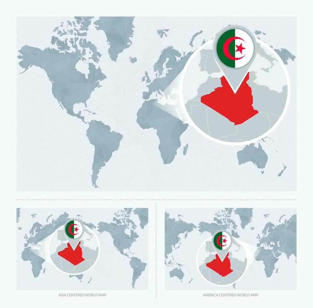 ampliado Argélia sobre mapa do a mundo, 3 versões do a mundo mapa com bandeira e mapa do Argélia. vetor
