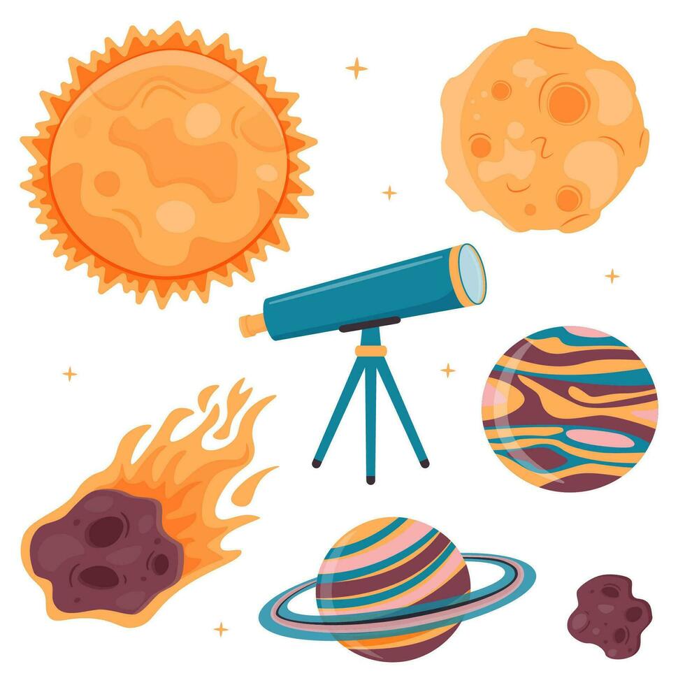 uma conjunto do ilustrações com a sol, lua, planetas, meteorito e telescópio dentro desenho animado estilo. vetor