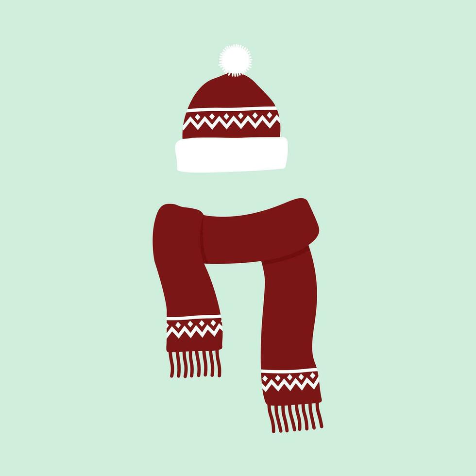 vermelho e branco gorro e cachecol plano ilustração vetor dentro desenho animado estilo. para inverno, Natal e Novo ano cumprimento cartões, bandeiras, Tag, rótulos, fundo. inverno roupas. acessórios.