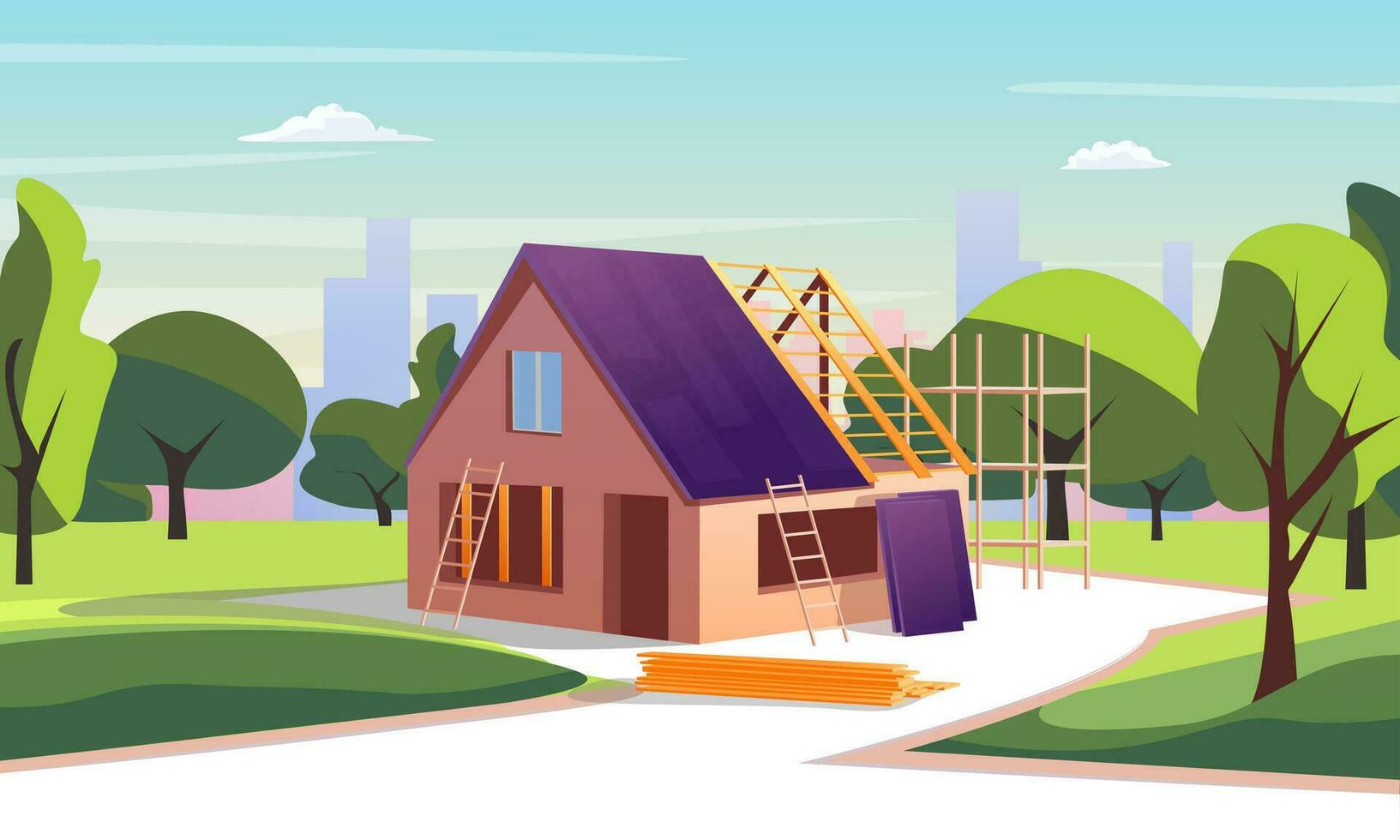 desenho animado cor inacabado casa construção em uma panorama cena conceito. vetor