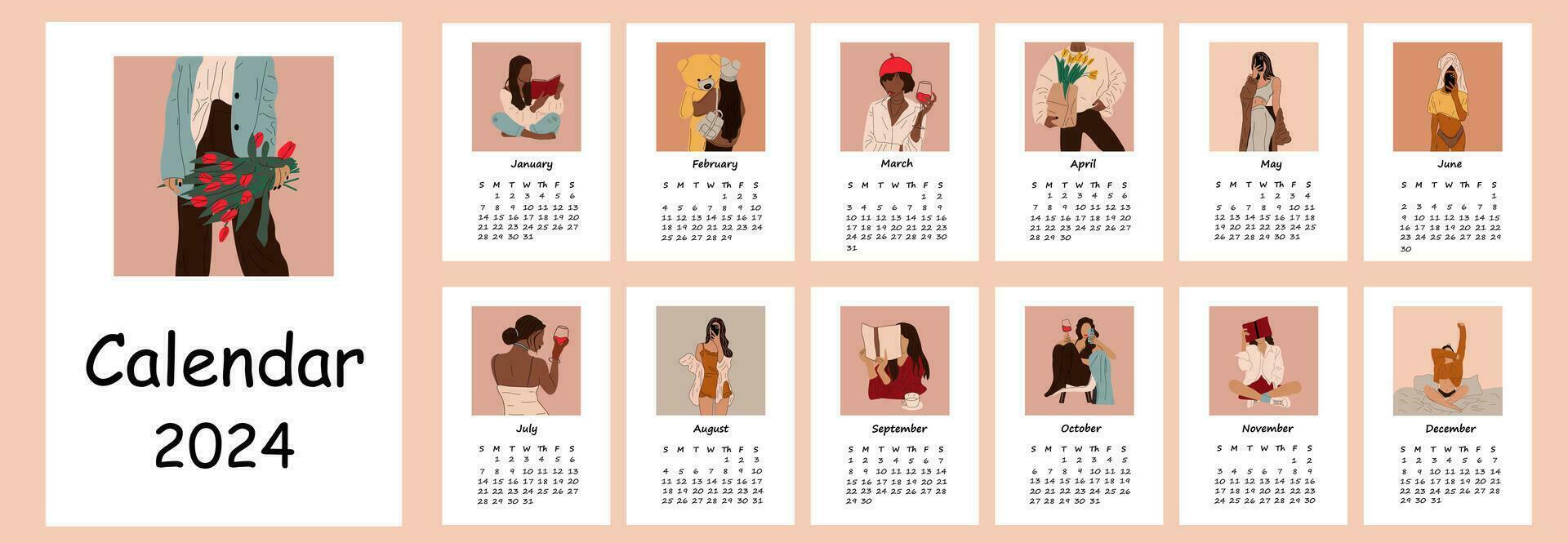 2024 calendário com abstrato ilustrações mulheres . calendário planejador mínimo estilo, anual organizador. vetor ilustração