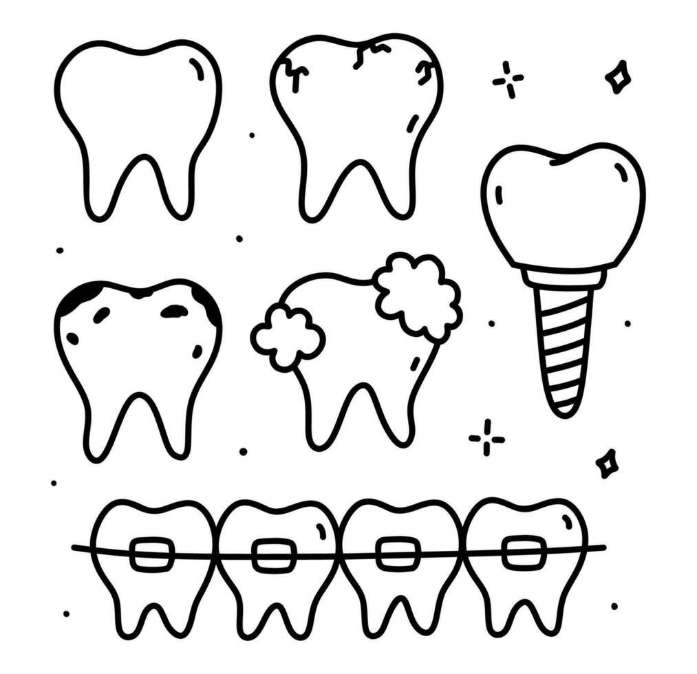 conjunto do saúde, doenças dentes, implantes e dentes dentro aparelho ortodôntico. dental Cuidado e tratamento. vetor desenhado à mão ilustração dentro rabisco estilo. perfeito para logotipo, vários projetos.