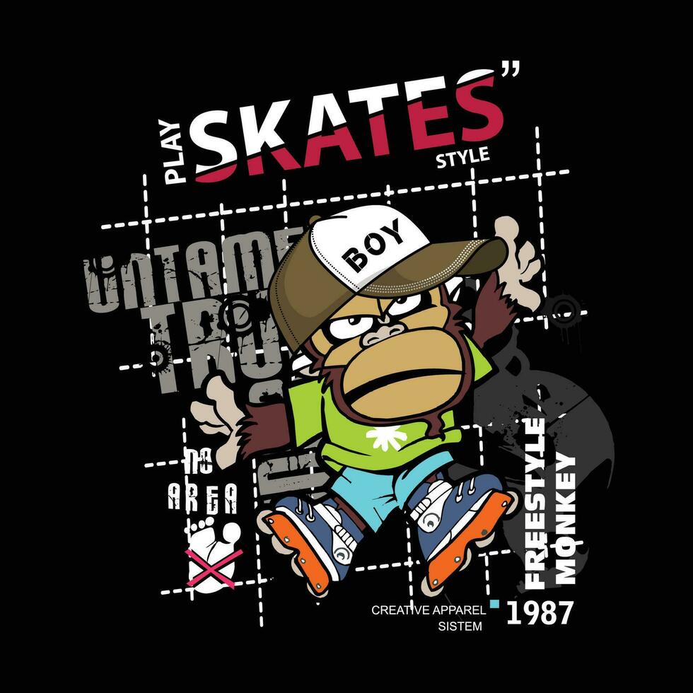 macaco engraçado jogar patins tee gráfico tipografia para impressão t camisa ilustração vetor arte