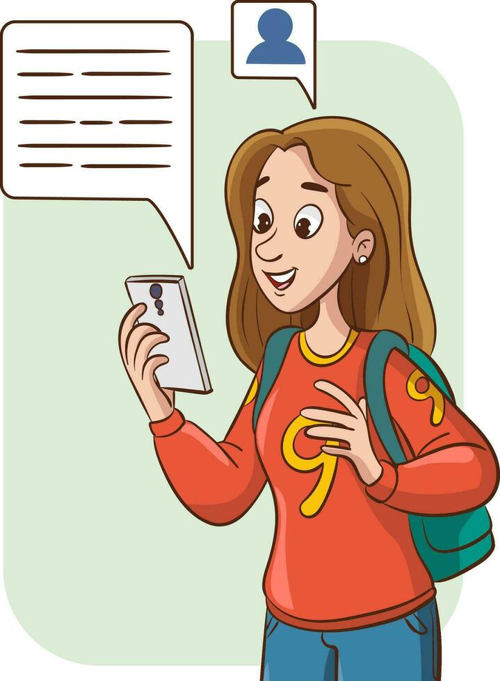 jovem mulher comunicando com Móvel telefone. vetor ilustração com discurso bolhas.