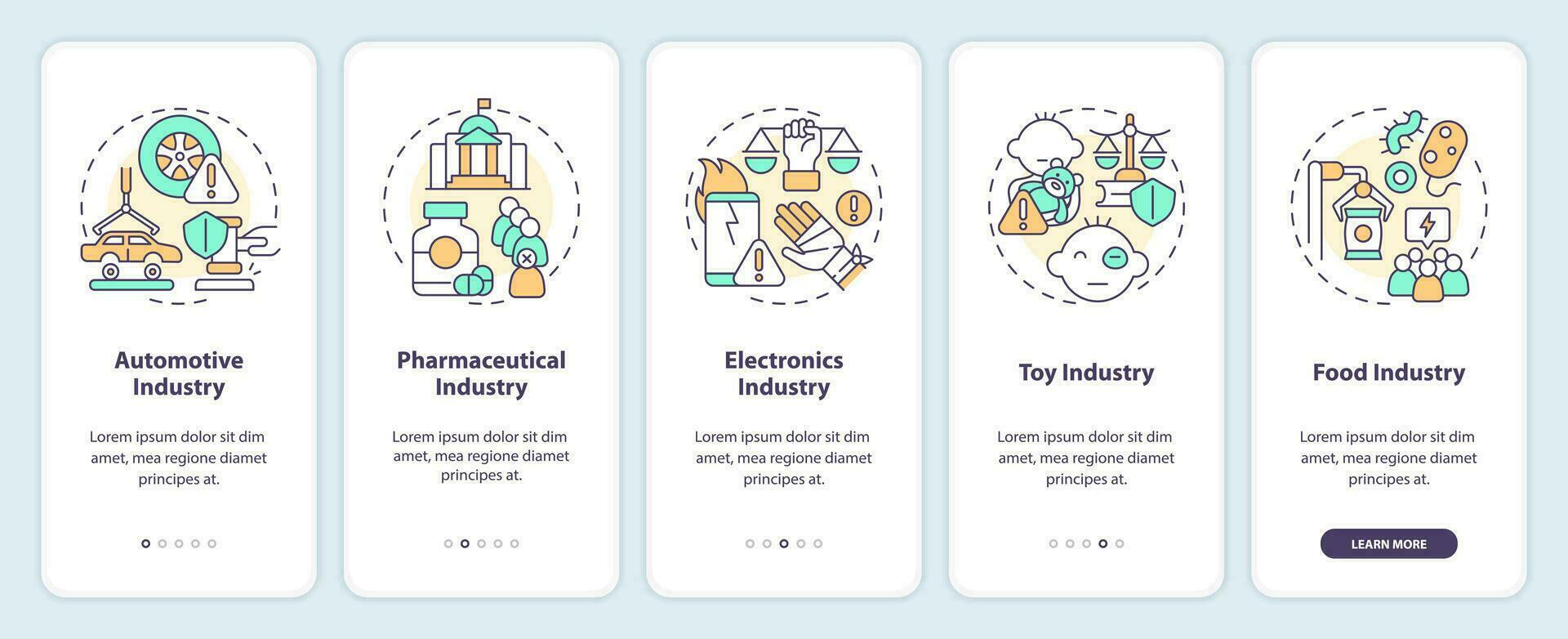 2d ícones representando produtos responsabilidade Móvel aplicativo tela definir. passo a passo 5 passos multicolorido gráfico instruções com fino linha ícones conceito, interface do usuário, ux, gui modelo. vetor