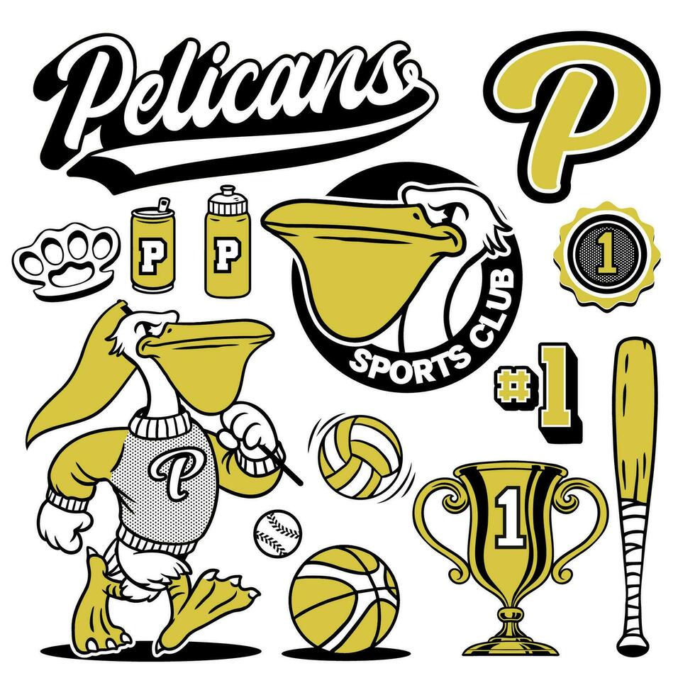 pelicano mascote esporte coleção objeto dentro mão desenhado vintage estilo vetor