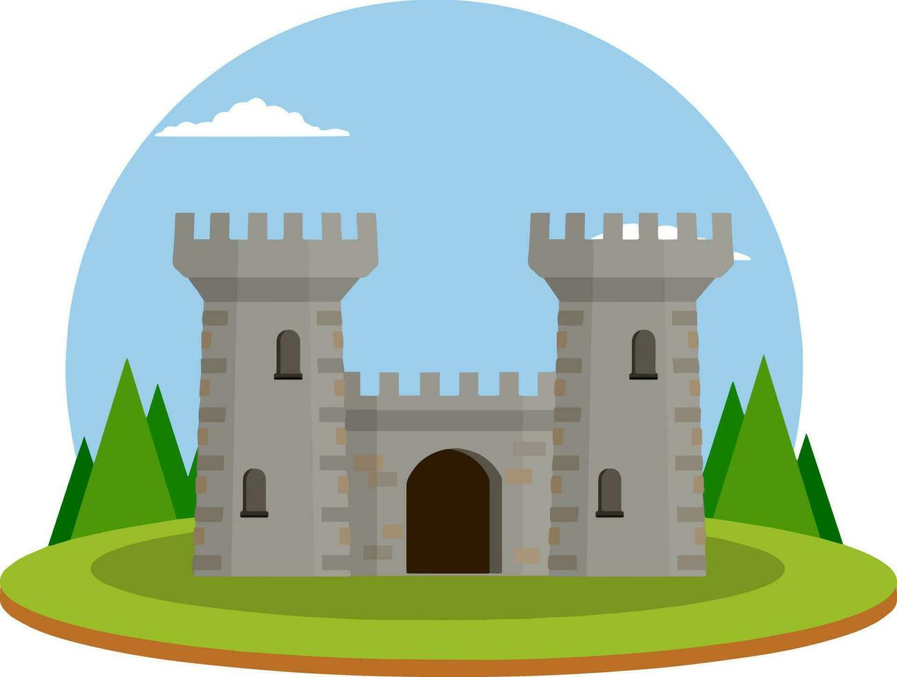 Castelo medieval. antiga fortaleza. arquitetura europeia e centro da cidade. edifício militar de cavaleiro e rei. defesa e confiabilidade. torre, muro e portão. ilustração plana dos desenhos animados. paisagem verde vetor