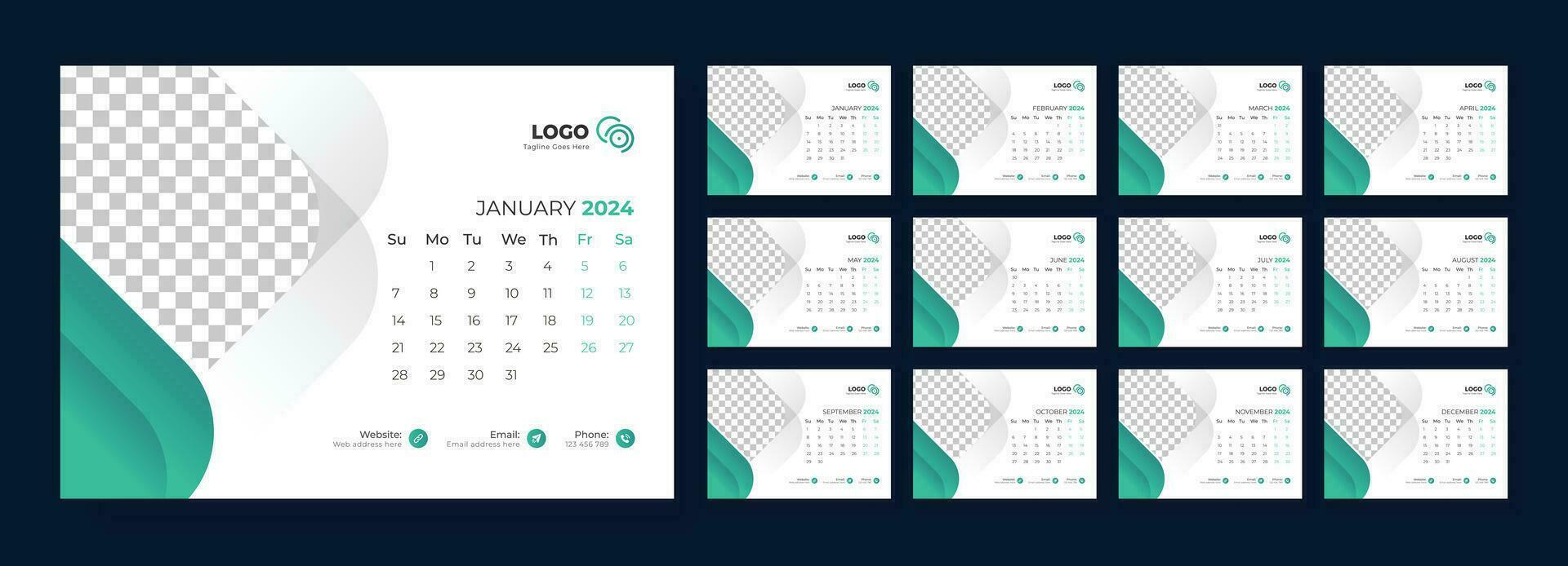 escrivaninha calendário 2024 modelo projeto, escritório calendário 2024, semana começa em domingo vetor