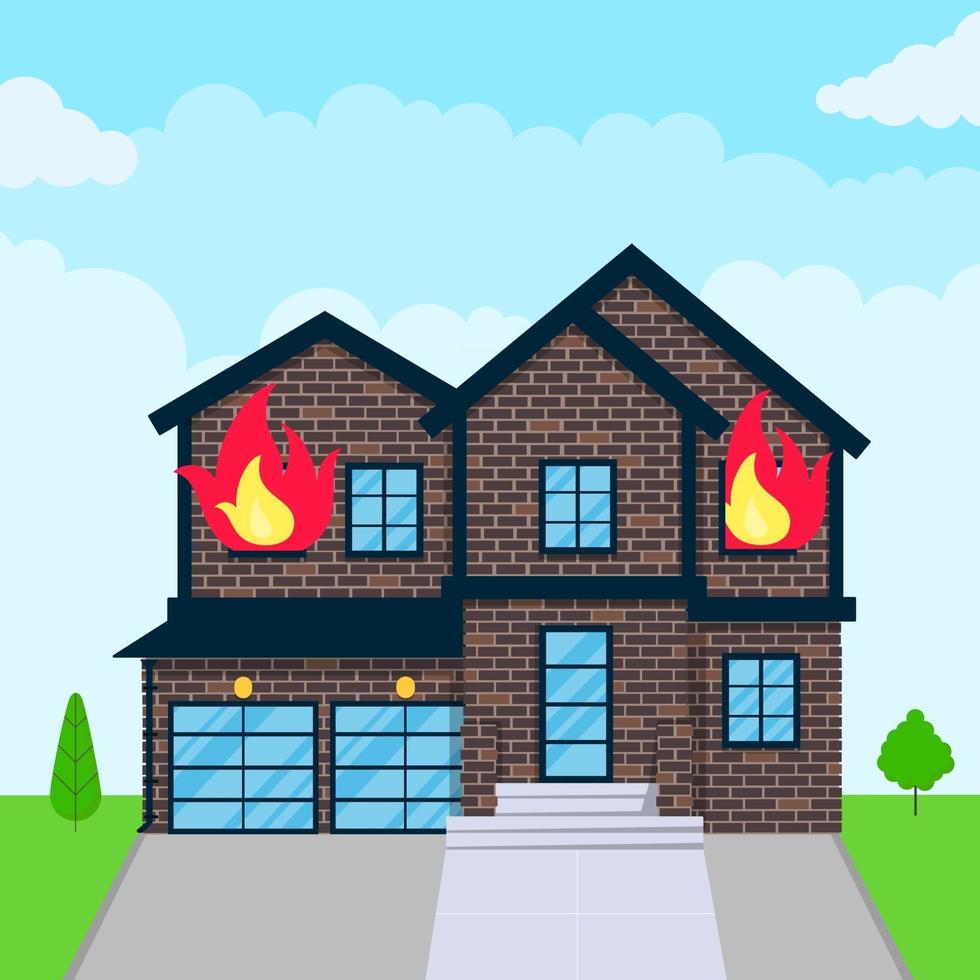 queimando casa estilo plano design ilustração vetorial com chamas de fogo nas janelas. acidente de conceito de seguro contra incêndio. vetor