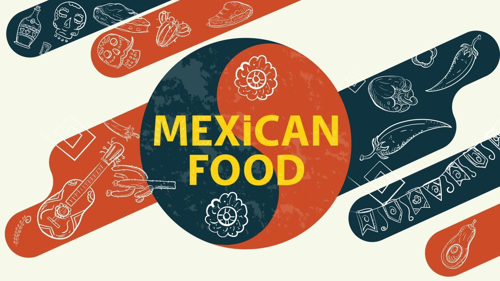 esboço de ilustração para sinal de equilíbrio de projeto com a inscrição comida mexicana instrumento musical guitarra cactos flores pimenta malagueta vetor