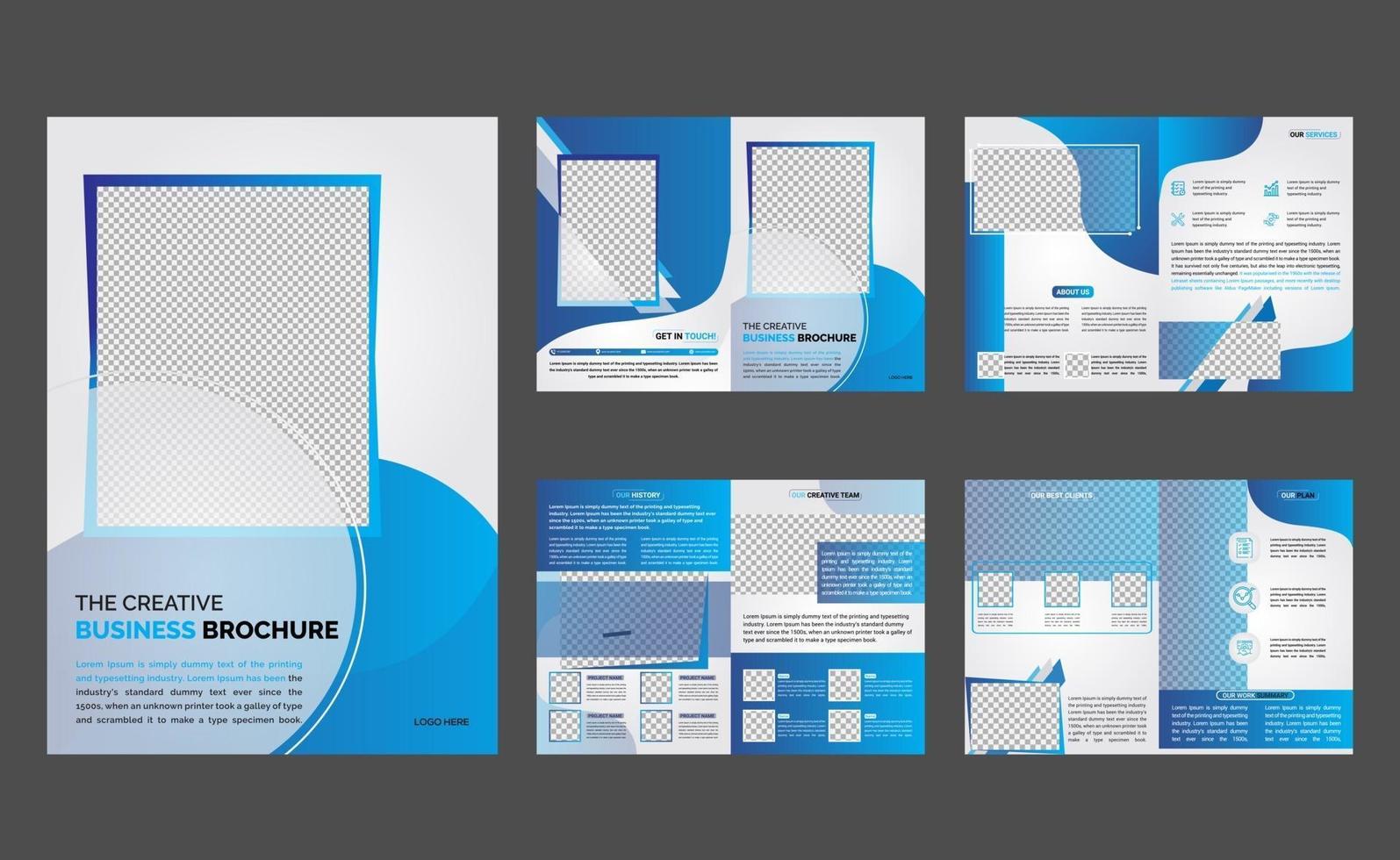 design de modelo de folheto e negócios de 8 páginas moderno criativo perfil corporativo formas gradientes azuis vetor